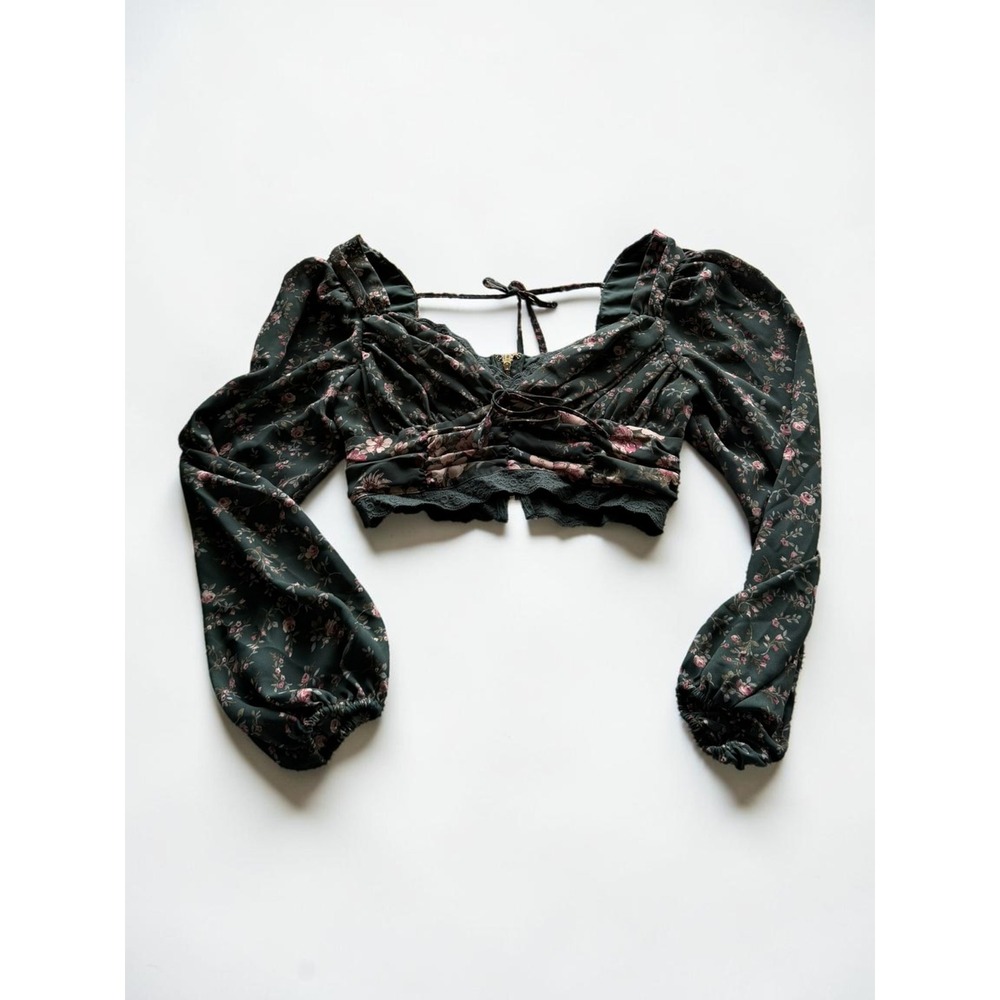 Altar'd‎ State Floral Crop Top Green Pink Rose Balloon Sleeve Lace Up Blouse S